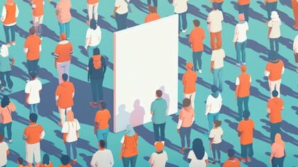 Crowd of people looking at a blank sign.