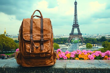 A brown backpack sits on a ledge with vibrant flowers and the Eiffel Tower towering under a cloudy sky in Paris. Generative AI