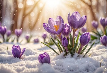 Purple Crocus spring flower growing in snow. WInter, spring season