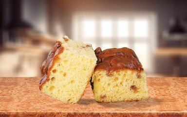 Tasty fresh sweet cake on the desk