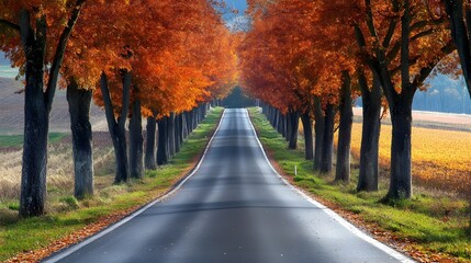 Obraz premium Scenic Autumn Road Lined with Vibrant Fall Foliage in Countryside