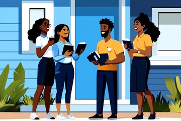 Election Day promoting community togetherness, depicted in an image of neighbors discussing candidates and policies