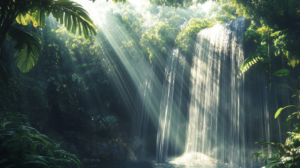 Obraz premium A cascading waterfall in a tropical rainforest, sunlight filtering through the canopy
