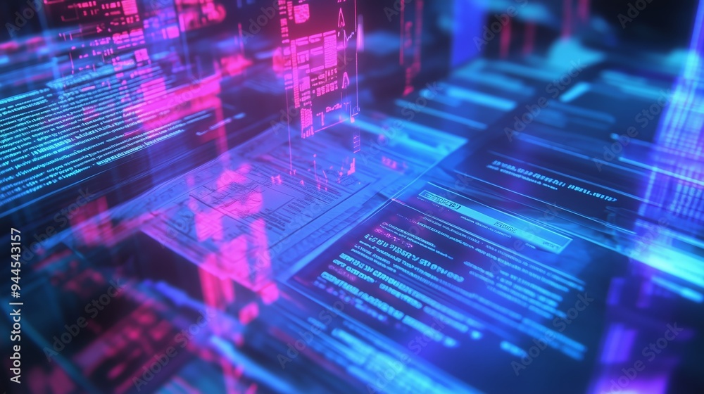 Poster abstract representation of coding lines and digital data processing in vibrant blue and pink hues ag