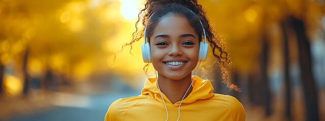  Close up happy candid young black african american female teenager running jogging outdoors in nature. Mixed race girl exercising wearing white headphones listening to music