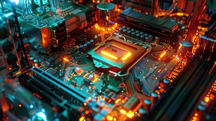 Obraz premium Computer circuit board and CPU cooling fan Inside a high-performance computer. AI generated images