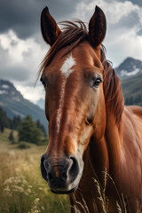 Obraz premium Graceful horse in wildflower meadow before peaks
