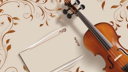 Fototapeta premium Violin on a beige background with golden floral pattern.