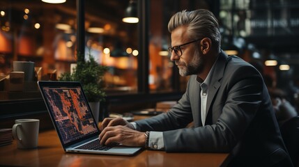 A focused shot of a businessman examining business diagrams and financial charts on a laptop screen, with an office backdrop.