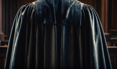 A person wearing a dark robe stands in a courtroom