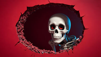 Skeleton with glowing red eyes peering through a wall hole. 3D Cartoon Skull Breaking Through Orange Background – Halloween Design Inspiration