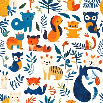 31. **Create a seamless pattern featuring playful, cartoonish animals in a colorful, childlike design.**