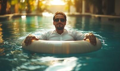  Businessman relaxing in pool with an orange float