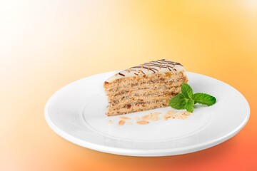 Tasty fresh sweet cake on the desk