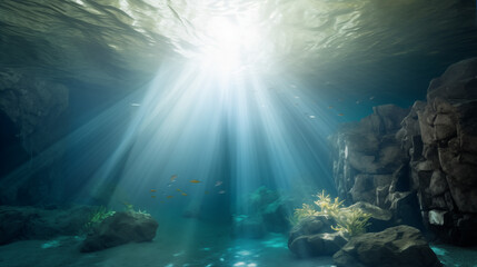 Obraz premium Sunlight Filtering Through Underwater Cave Capturing the Play of Light on Rocky Terrain