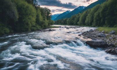 A rushing river flows through a valley, surrounded by lush green trees and snow-capped mountains in the distance