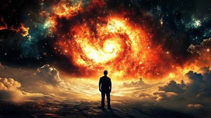 Fototapeta premium Man Gazing at Cosmic Fire: A solitary figure stands in awe before a mesmerizing celestial display, a fiery nebula swirling in the night sky, evoking a sense of wonder and the vastness of the universe.