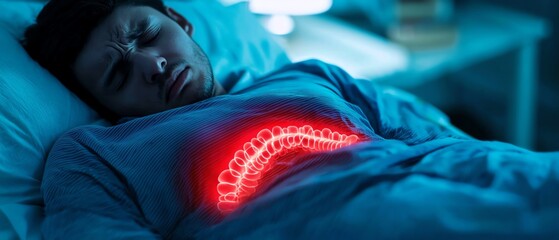 A person lying in bed with an expression of discomfort, with an illustration of the inflamed digestive tract beneath the skin Inflammatory bowel disease IBD concept.