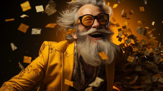 A funny, over-the-top portrait of an elderly millionaire with a long beard, dressed in a leopard shirt and shorts, tossing money around joyfully against a bright yellow backdrop. 
