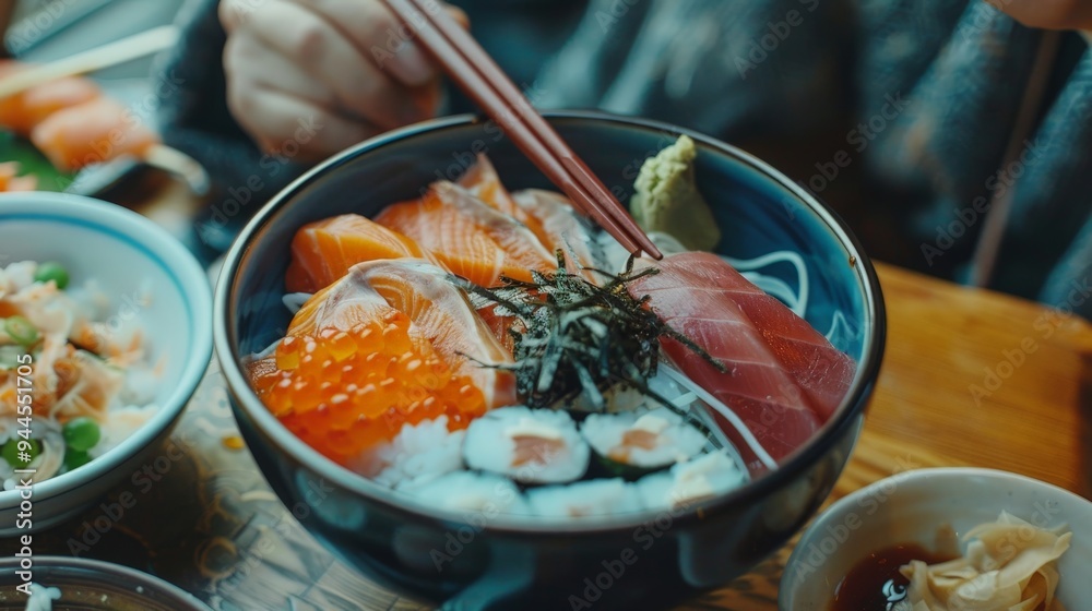 Wall mural close up of a bowl of fresh sushi with salmon and tuna.