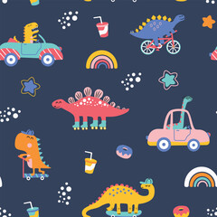 Cute dinosaurs in the transports seamless pattern. Dark blue background with rainbow, stars, donut and soda. © Viola