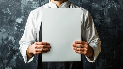Chef holding a blank sign for your message.