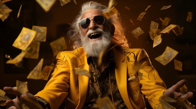 A humorous, animated old man with a long beard, leopard print shirt, and eyeglasses, throwing cash in the air against a bright yellow background.  - Powered by Adobe