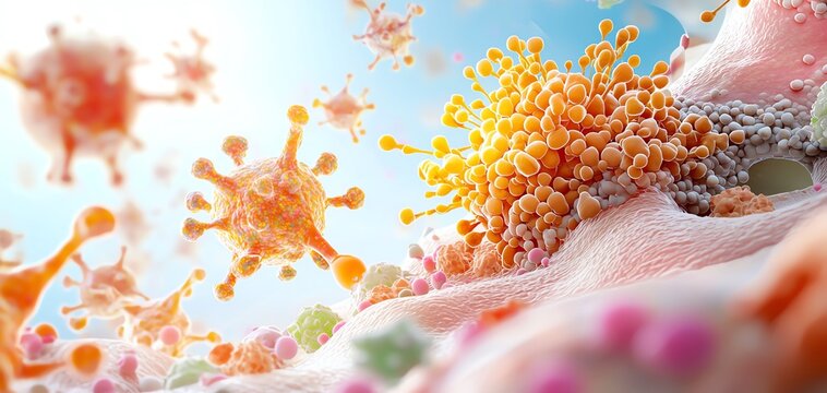 An illustration of immune cells attacking the intestinal lining, representing the autoimmune nature of IBD Inflammatory bowel disease IBD concept.