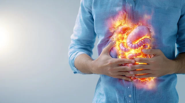 An image of a person holding their stomach in pain while at a social event, with an overlay showing inflamed intestines Inflammatory bowel disease IBD concept.
