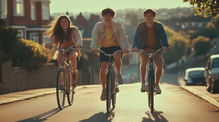 Three friends cycling joyfully down a sunny street during early evening, capturing the essence of summer fun and friendship