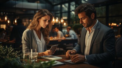 A joyful moment in the office with a male executive and a young female colleague laughing over a tablet, set against a modern and organized work environment.