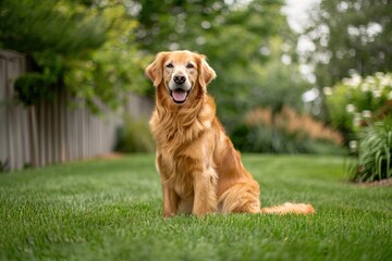 Obraz premium cute dog golden retriever sitting on green lawn