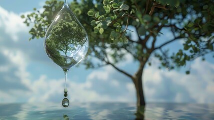 Realistic water drop with an ecosystem for world water day