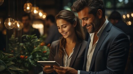 A male executive and a young female employee laughing together while looking at a tablet, in a professional office setting with contemporary decor.