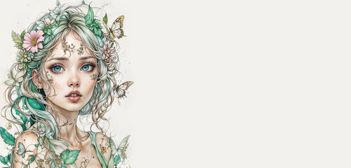 asian woman with pink hairs blue flowers and white butterflies  on a white background banner with empty space for text and deign