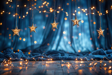 A stage with blue curtain and a lot of glowing golden stars hanging from it