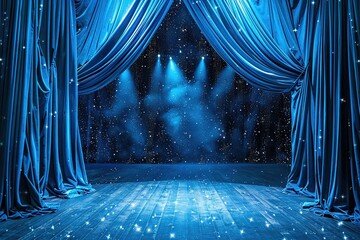 scene background, blue curtain on stage of theater or cinema slightly ajar and smoke
