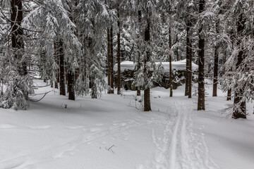 Winter view of a concrete pillbox from the WW2 in Orlicke hory mountains, Czech Republic