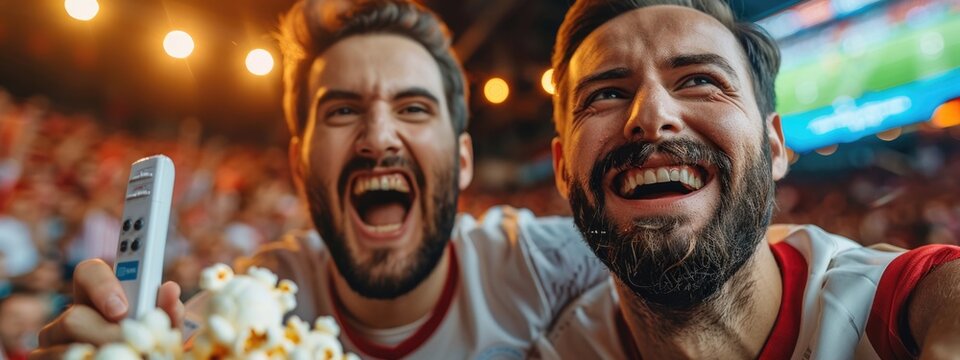 Football frenzy: fans enjoying a football match on the tv at home, show the camaraderie of sports enthusiasts bonding over live matches, beers, and popcorn