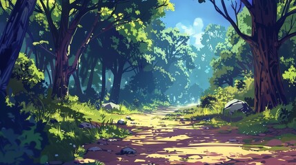 Sunlit Path Through Lush Forest.