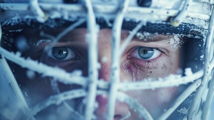 Close up of Hockey goalkeeper's focused expression during penalty shootout. AI generated images