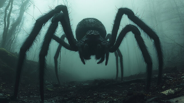 Silhouette of a huge spider in a foggy forest, representing fear and horror.