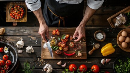 Chef preparing fresh tomatoes on a wooden board.