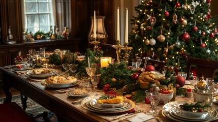 table with lit candles and Christmas dinner food with a tree with lights in the background. christmas concept