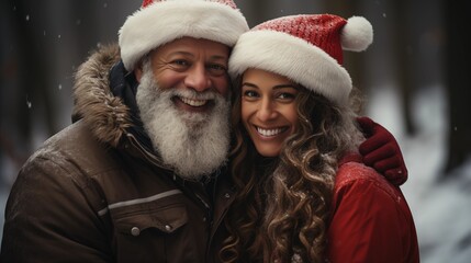 happy African American senior couple wearing Santa hat and celebrating New Year eve outdoors in a winter forest
