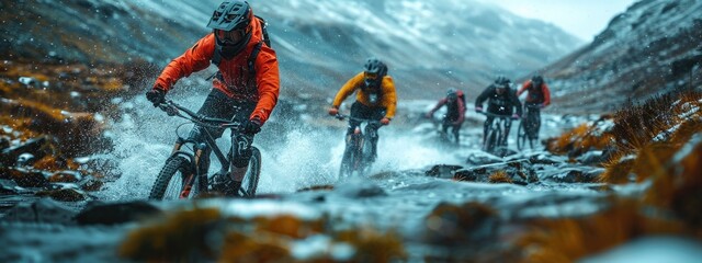 Adrenaline rush - mountain biker, capturing thrill of extreme sport, showcasing motion blur to emphasize speed, excitement, set against a backdrop of natural beauty, perfect for adventure enthusiasts