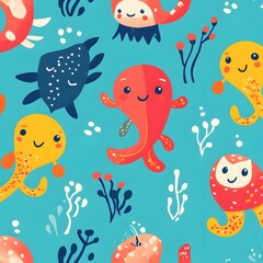 Fototapeta premium 142. **Create a seamless pattern with playful, cartoonish sea creatures in a bright, cheerful color scheme.**