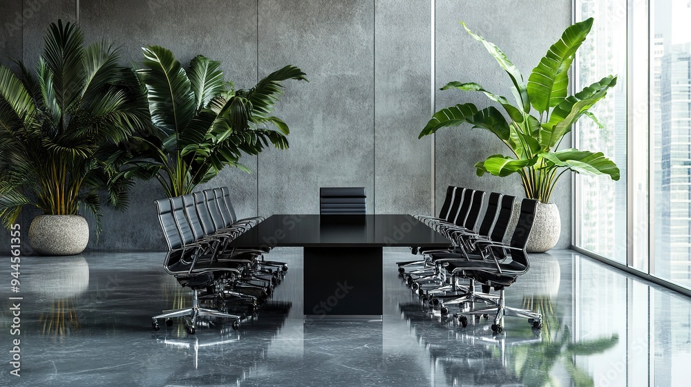 Canvas Prints Nobody in the modern and elegant empty company office interior with black chairs and mat black metal table sitting on a shiny gray floor with tropical plants, seminar conference meeting boardroom 