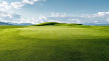 Hokkaido Golf Course Panorama, expansive view of a golf course in Hokkaido, Japan, showcasing a vibrant putting green surrounded by lush green landscapes and scenic beauty