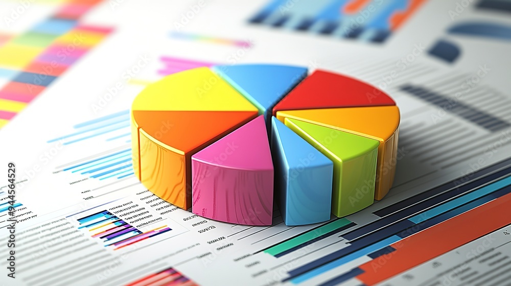 Poster in-depth business analysis captured through vibrant pie charts and bar graphs on a document, showcas